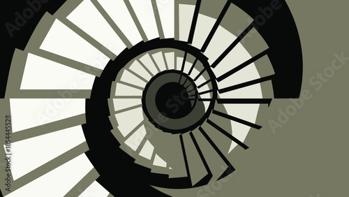 Intricate spiral staircase viewed from above.