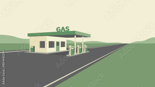 Small roadside gas station on a quiet highway.