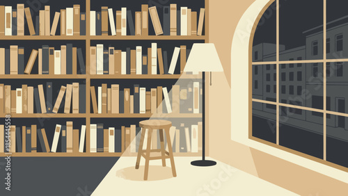 Cozy library interior with bookshelves and reading chair.