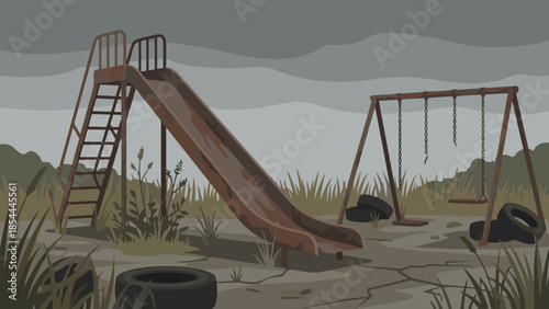 Deserted Playground Equipment With Slide And Swings.