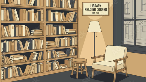 Cozy library reading corner with bookshelf and chair.