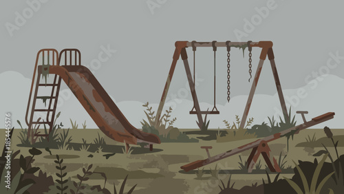 Rusty Abandoned Playground Equipment in Deserted Park.