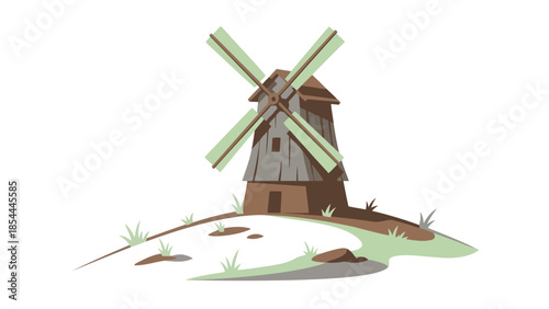 Cartoon Windmill on Snowy Landscape Scene.