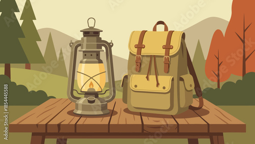 Camping lantern and backpack on wooden table in nature.