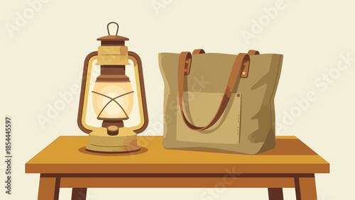 Classic Lantern Setting on Wooden Table beside Bag.