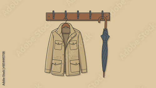 Coat Hanging on Wall Hook with Umbrella.