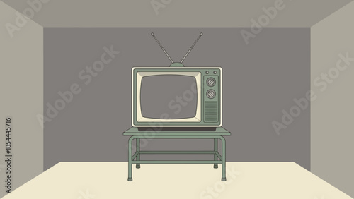 Vintage television on wheeled stand in empty room.