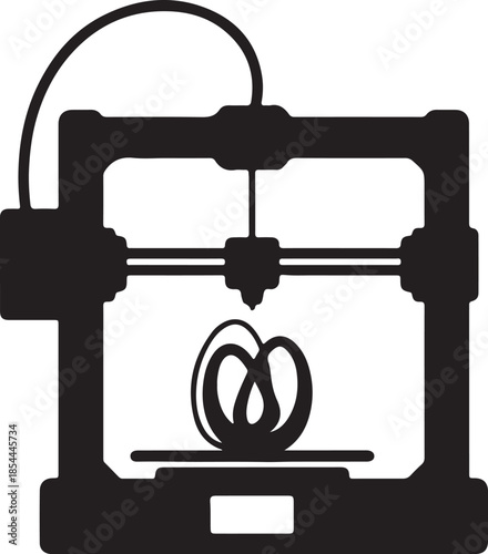 Flat silhouette of a 3D printer with filament spool and object forming on the bed vector art illustration