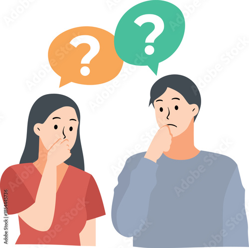 Young Man and Woman Thinking with Question Marks / Joven Hombre y Mujer Pensando con Signos de Interrogación / Jovem Homem e Mulher Pensando com Pontos de Interrogação