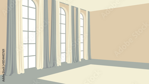 Empty Room With Large Windows And Curtains.