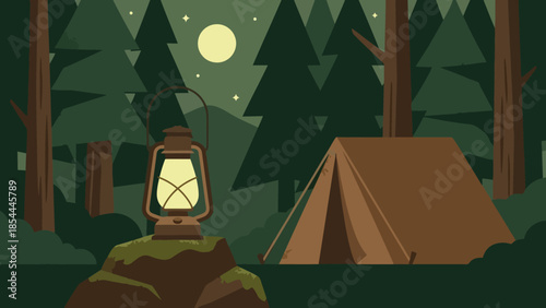 Lantern and Tent in a Forest Camp at Night.