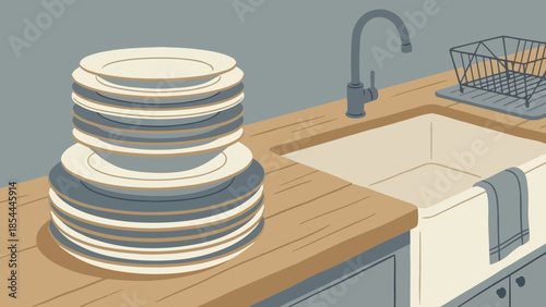 Stacked Plates On Kitchen Countertop Near Sink.