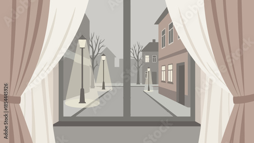 Window with Curtains Framing Quiet Street View.