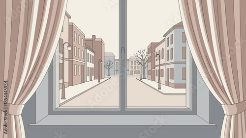 Window with Draped Curtains Framing City Street View.