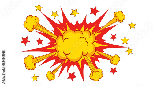 A dynamic comic-book style explosion bursts forth with a billowing yellow cloud center, surrounded by jagged red shockwaves, shooting puffs of smoke and scattered stars against a stark white backdrop