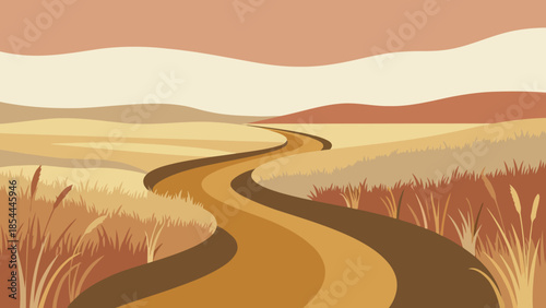 Winding country road twisting through golden fields.