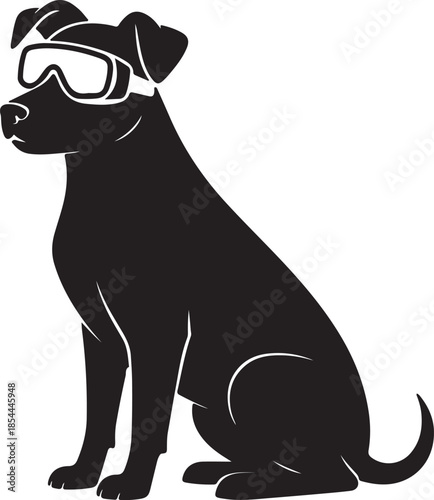 Flat silhouette of a dog sitting calmly while wearing protective goggles vector art illustration