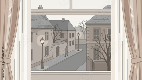 Window with curtains overlooking a quiet street.