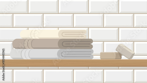 Stack of Books on Wooden Shelf in Modern Setting.