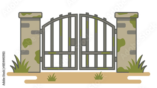 Metal garden gate with stone pillars in front.
