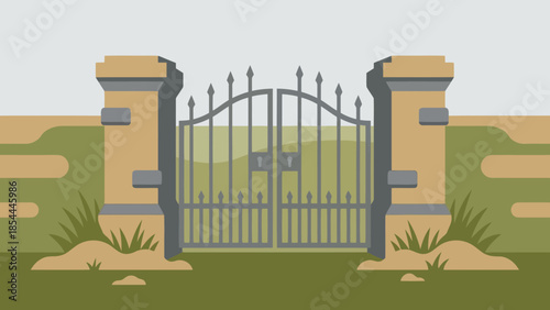 Iron Gate With Stone Pillars and Fence Entrance.