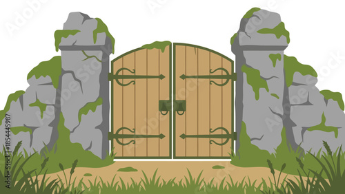 Wooden Gate Between Ancient Stone Pillars.