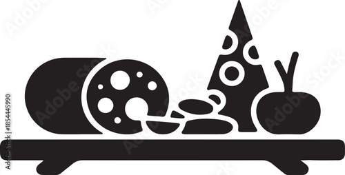 Flat silhouette of a charcuterie board with distinct cheese and meat shapes vector art illustration