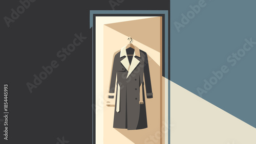 Elegant black coat on display mannequin in doorway.