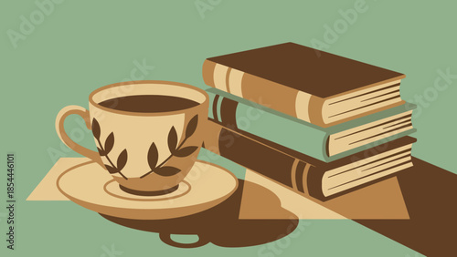 Coffee Cup and Stack of Books On Table.