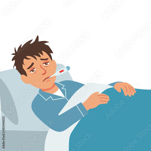 Sick man lying in bed with fever, cartoon illustration style, isolated on white background. Illness, healthcare, flu symptoms, recovery, and medical concept