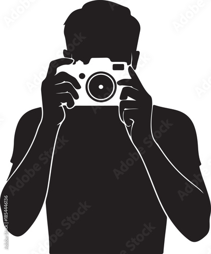 Flat silhouette of a person holding a classic film camera in a mirror pose vector art illustration