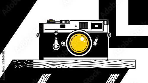 Retro film camera on wooden shelf as main subject.