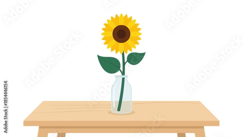 Sunflower in Glass Vase On Wooden Table.