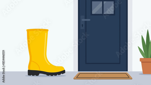 Bright Yellow Rain Boot in Front of Blue Door.