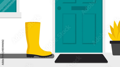 Yellow Rain Boot Beside Door in Modern Interior.