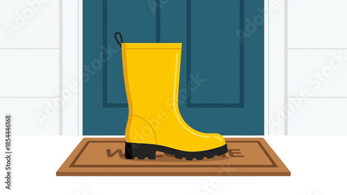 Yellow rain boot stepping onto doormat.