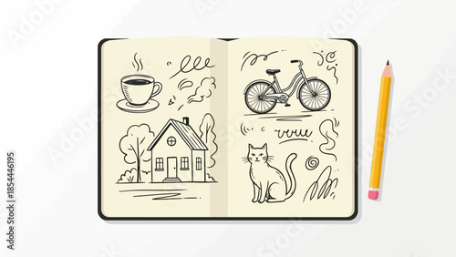 Sketchbook with Doodles Featuring a House Bicycle and Cat.