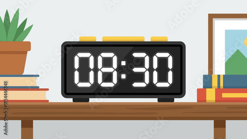 Digital Alarm Clock on Desk With Time Display.