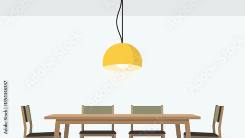 Modern minimalist dining table with chairs and pendant lamp.