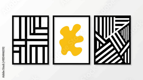 Abstract geometric pattern trio with yellow center.