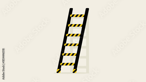 Tall caution taped ladder standing alone on light background.