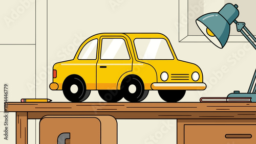 Yellow toy car on desk under lamp.