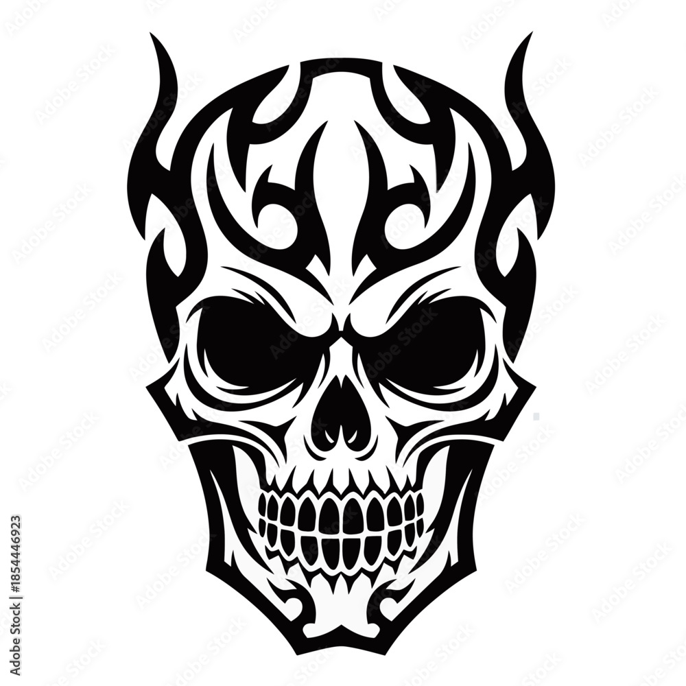Fototapeta premium Stylized black and white skull with tribal flame patterns, depicting a fierce and edgy design.