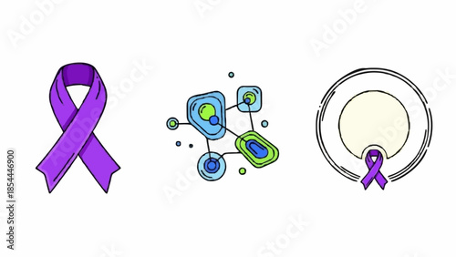 Purple awareness ribbon and abstract biological cell structures representing health and science concepts