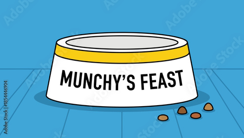 Dog Bowl with Munchys Feast on Blue Floor.