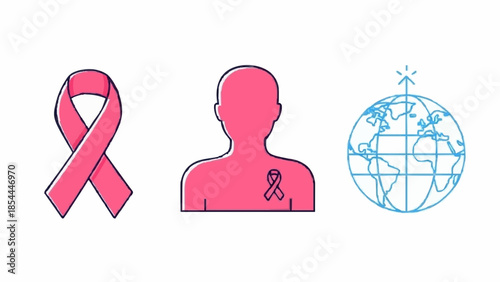 Breast Cancer Awareness Icons Ribbon, Person with Ribbon, and Globe symbolizing Global Fight against Disease