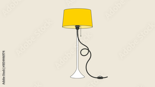 Yellow lampshade table lamp with curved cord and base.