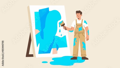 Artist Painting a Blue Abstract Portrait on Canvas.