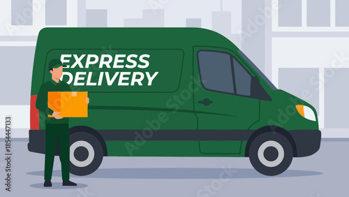 Express delivery van with courier figure.