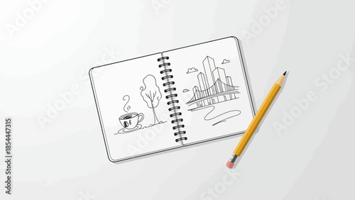 Open sketchbook with architectural sketches and pencil.